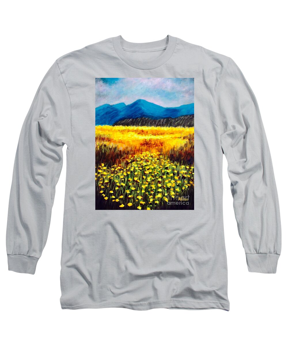 #desert #landscapes #flowers #wildflowers #mountains Long Sleeve T-Shirt featuring the painting Wildflowers #1 by Allison Constantino