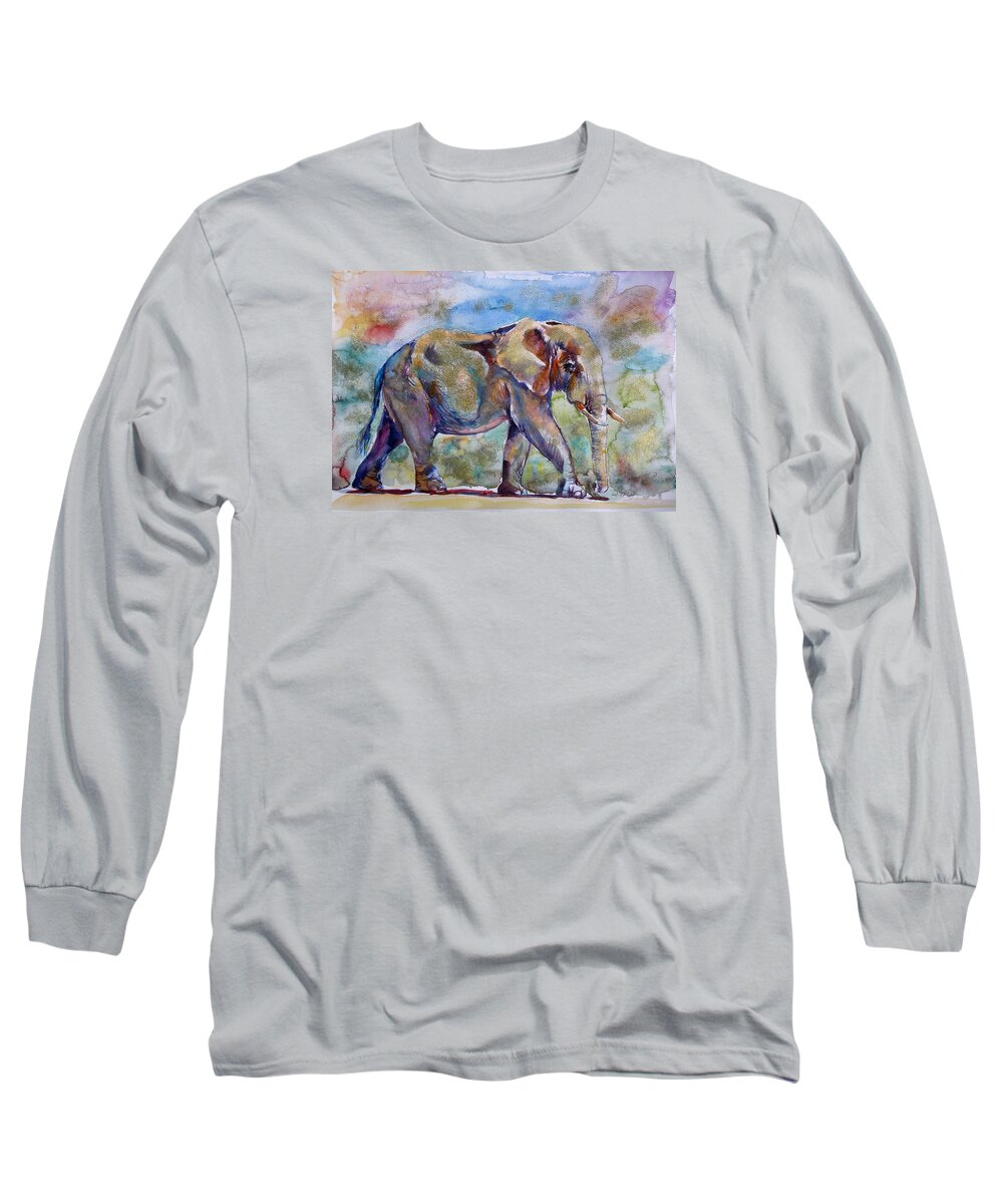 Elephant Long Sleeve T-Shirt featuring the painting Elephant in gold #3 by Kovacs Anna Brigitta