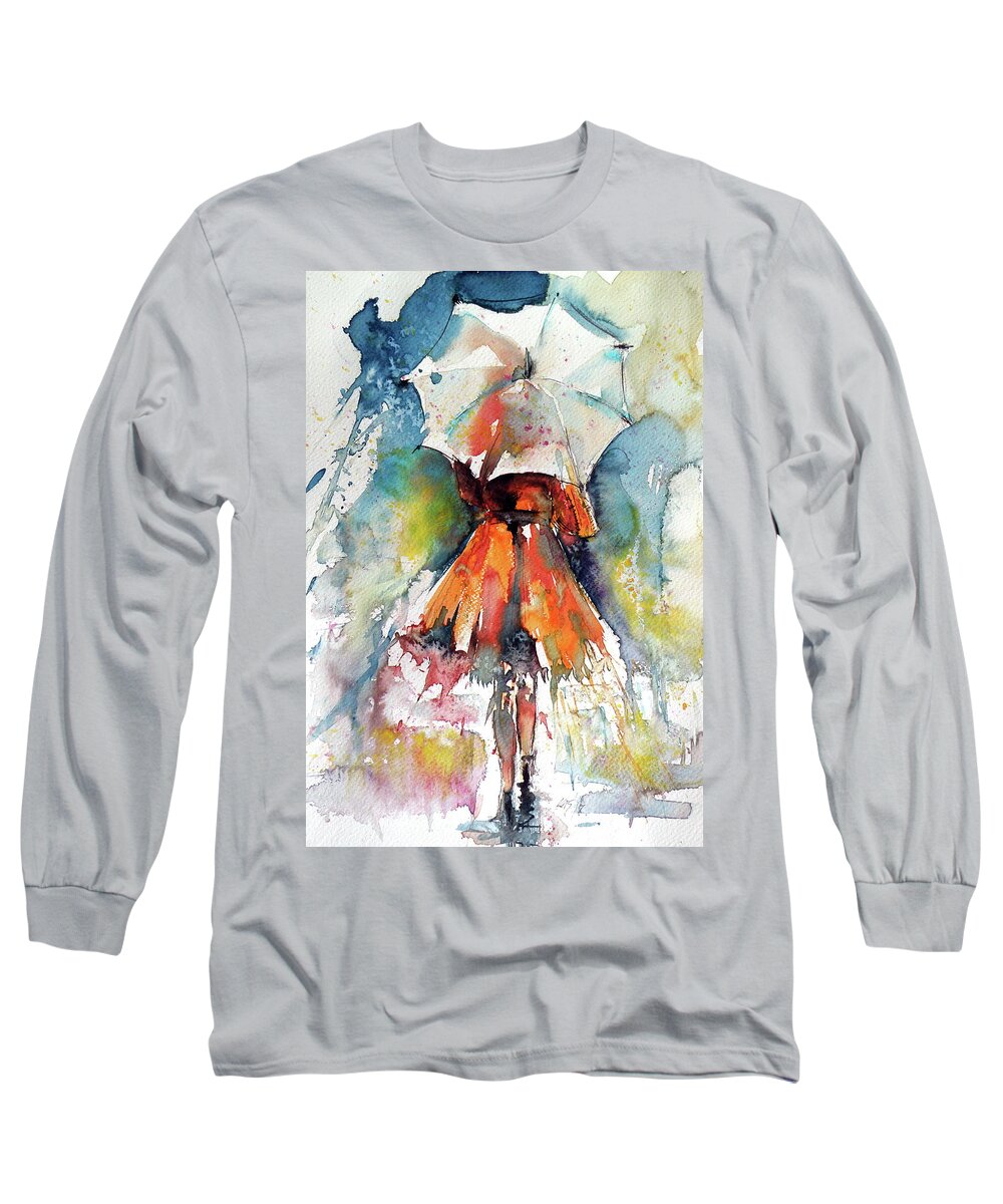 Raining Long Sleeve T-Shirt featuring the painting Raining #3 by Kovacs Anna Brigitta
