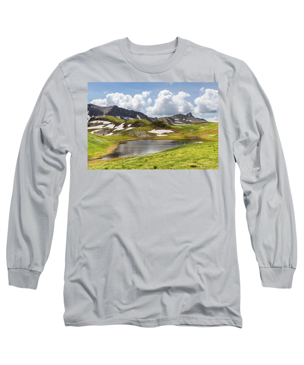 Mountain Landscape Long Sleeve T-Shirt featuring the photograph A little lake in the Queyras - French Alps by Paul MAURICE