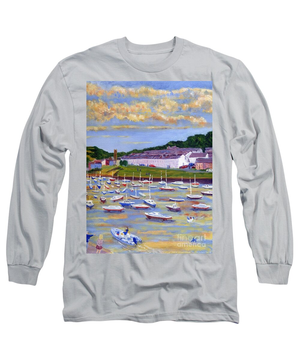 Aberaeron Harbour Boat Moorings Long Sleeve T-Shirt featuring the painting Aberaeron Harbour Boat Moorings View Painting by Edward McNaught-Davis