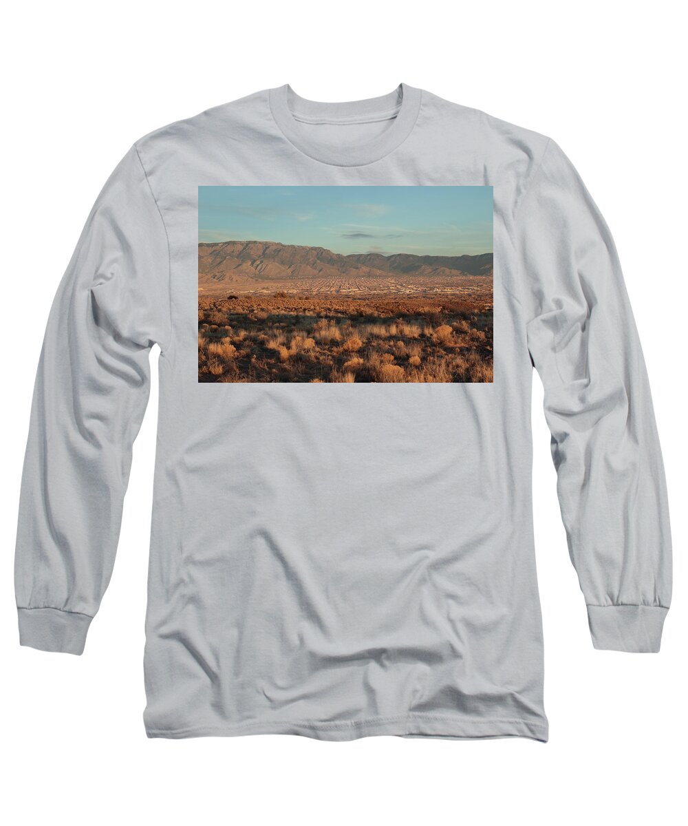 Sunset Long Sleeve T-Shirt featuring the photograph Albuquerque and the Sandias at Sundown by David Diaz