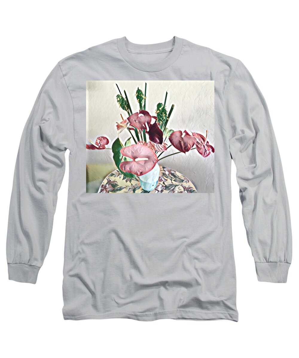 #alohabouquetoftheday #anthuriums #greenginger #flowersofaloha #flowers Long Sleeve T-Shirt featuring the photograph Aloha Bouquet of the Day - Anthuriums and Green Ginger in Pale by Joalene Young