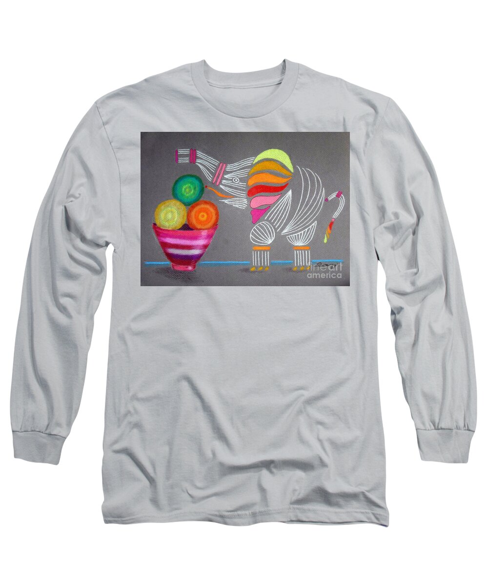 Elephant Long Sleeve T-Shirt featuring the drawing Apples and Oranges and Elephants, Oh My -- Whimsical Still Life w/ Elephant by Jayne Somogy