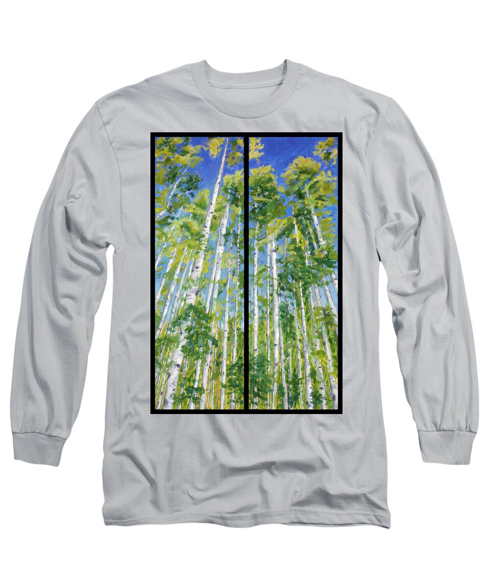 Diptych Long Sleeve T-Shirt featuring the painting Aspen Twin Perspectives by Mary Benke
