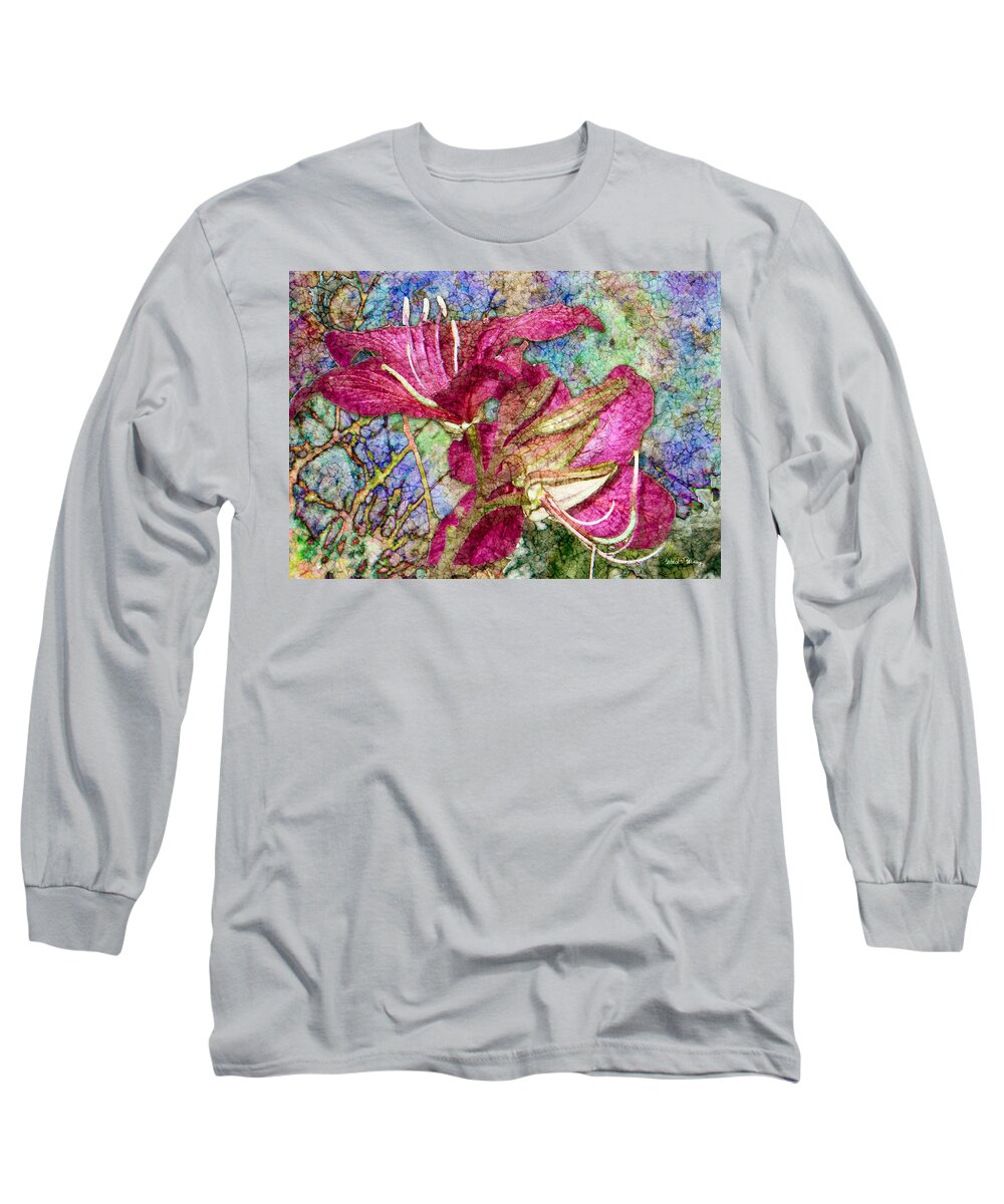 Batik Long Sleeve T-Shirt featuring the digital art Batik Lilies by Barbara Berney