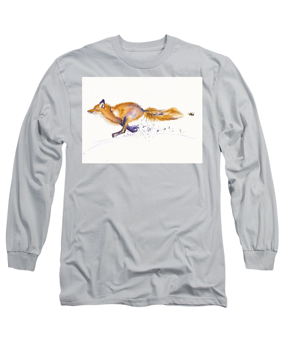 Fox Long Sleeve T-Shirt featuring the painting Fleeing Fox - Bee Racing by Debra Hall