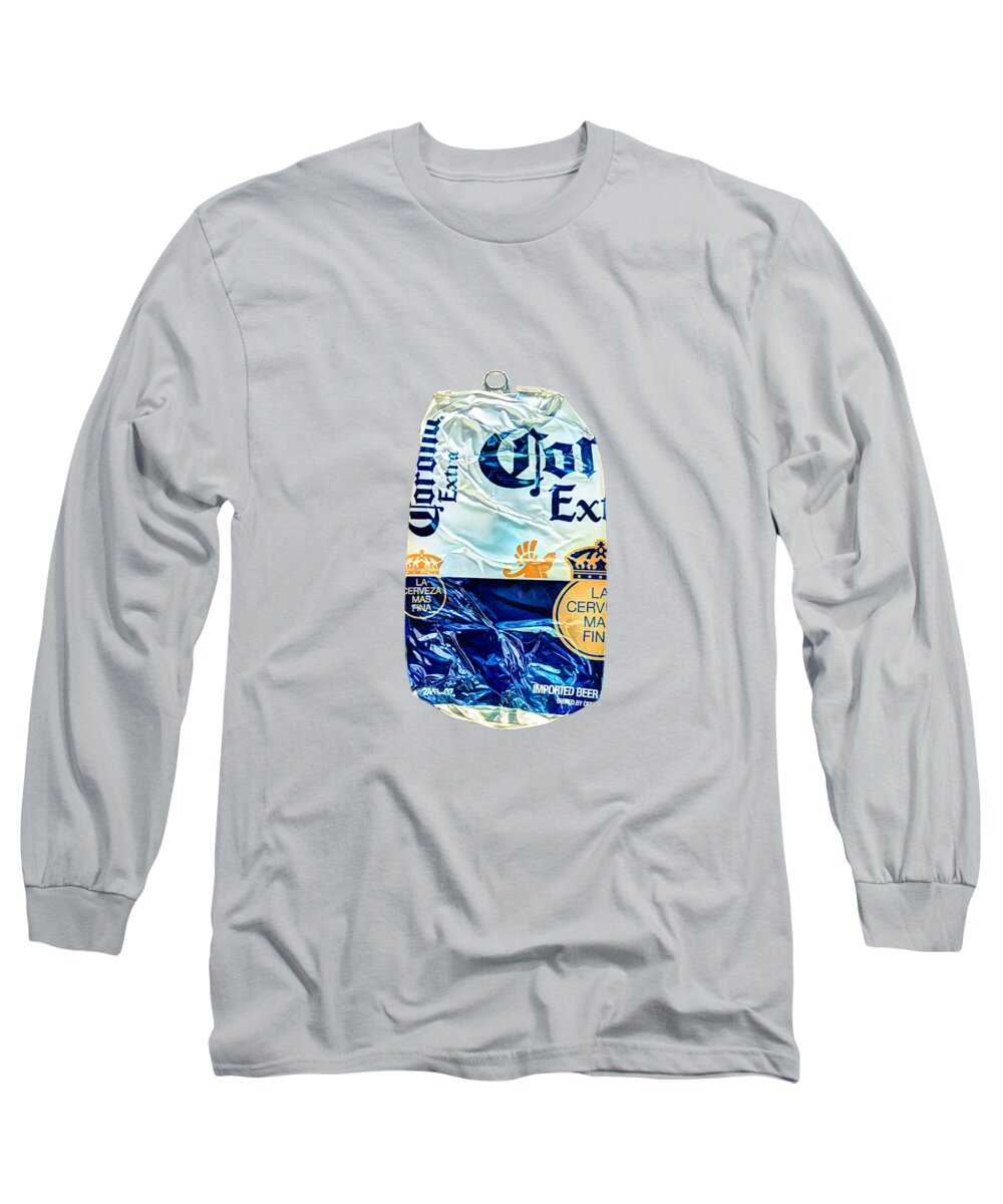 Beer Can Long Sleeve T-Shirt featuring the photograph Beer Can Extra Blue Crushed on BW Plywood 81 by YoPedro
