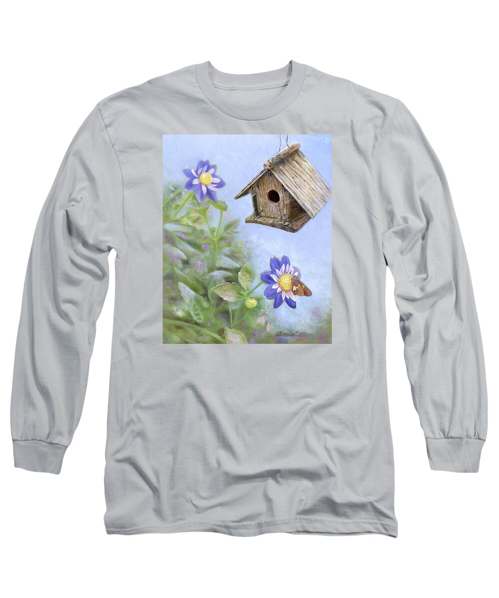 Birdhouse Long Sleeve T-Shirt featuring the painting Birdhouse in a Country Garden by Nancy Lee Moran