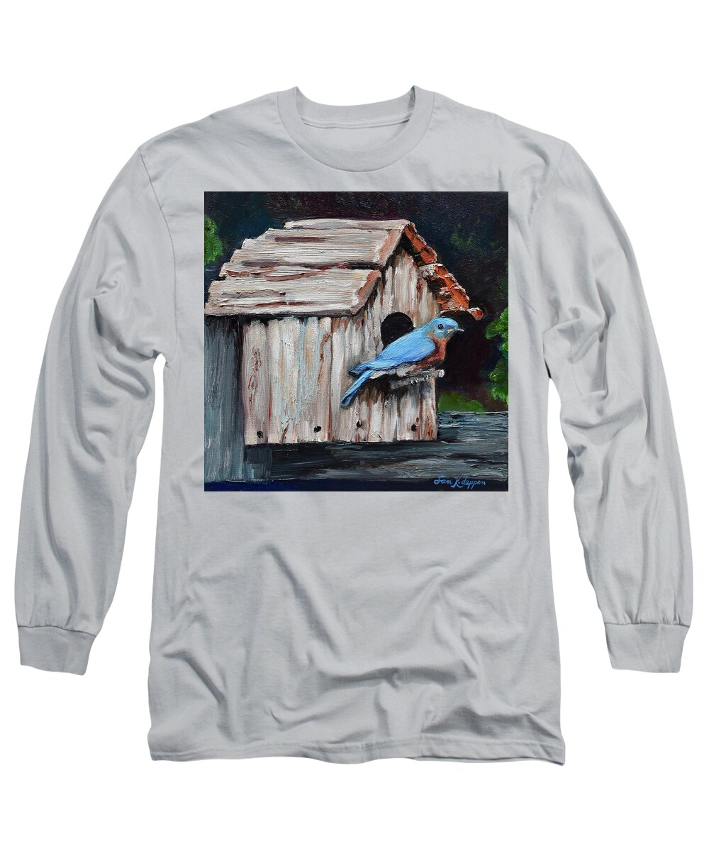 Blue Bird House Long Sleeve T-Shirt featuring the painting Blue Bird on Lake Odom by Jan Dappen