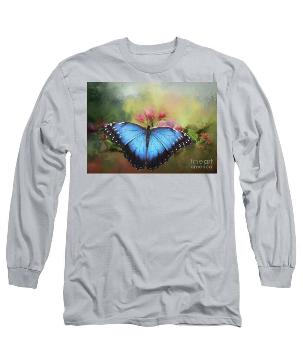 Blue Morpho Long Sleeve T-Shirt featuring the photograph Blue Morpho on a Blossom by Eva Lechner