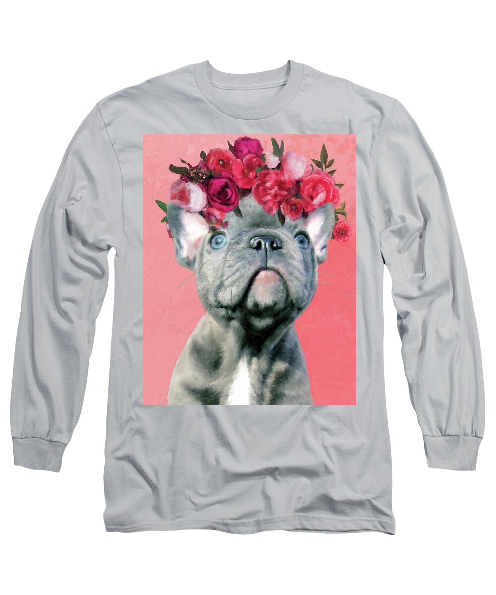 Bulldog Long Sleeve T-Shirt featuring the painting Bulldog with Flowers by Portraits By NC