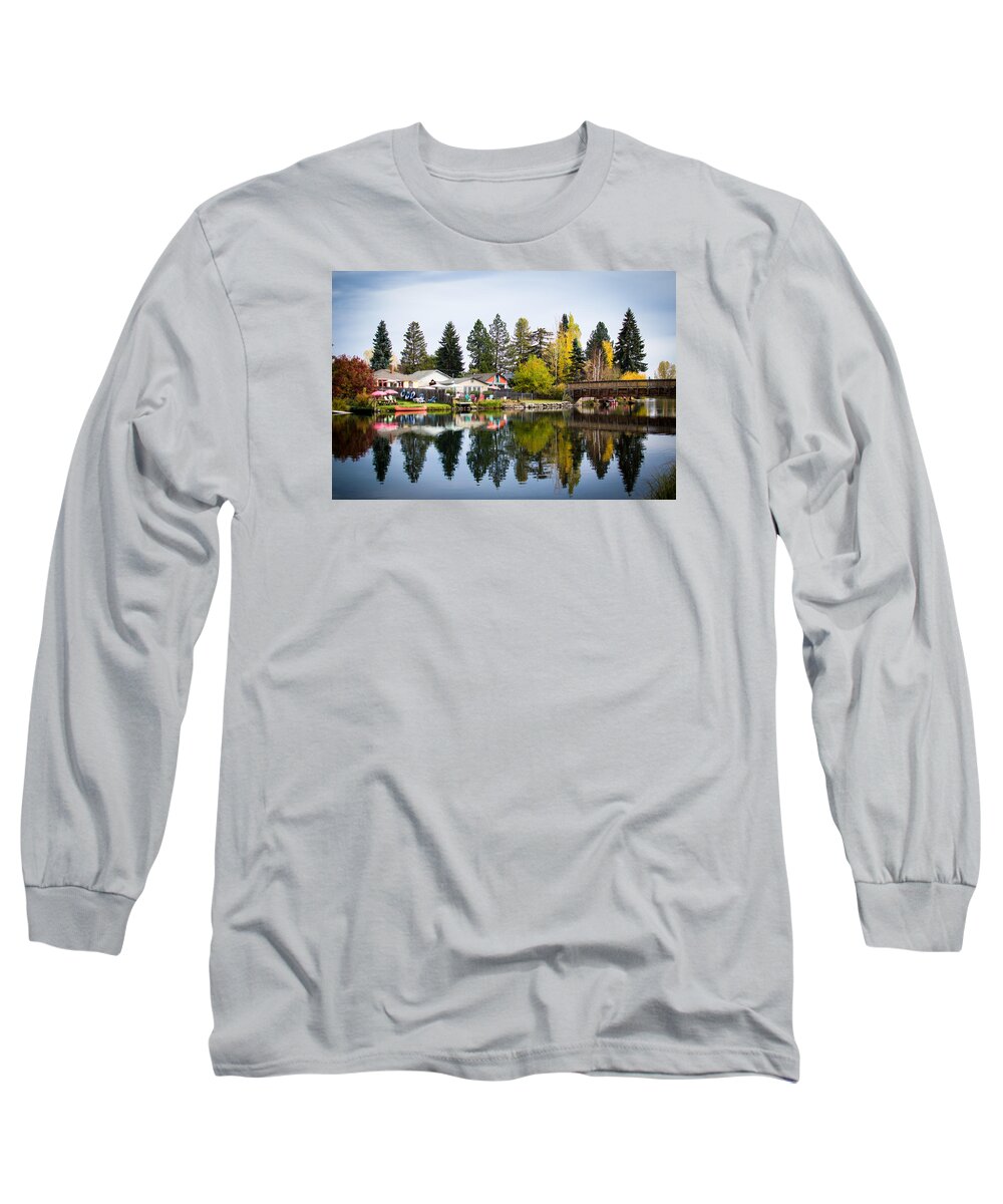 Deschutes River Long Sleeve T-Shirt featuring the photograph bungalows on the Deschutes by Stephen Holst