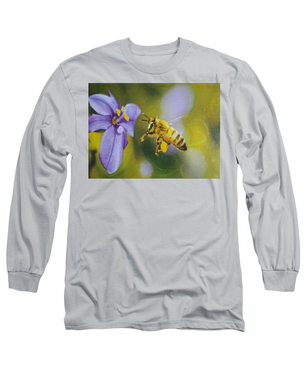 Honey Bee Long Sleeve T-Shirt featuring the mixed media Busy Bee by Cara Frafjord