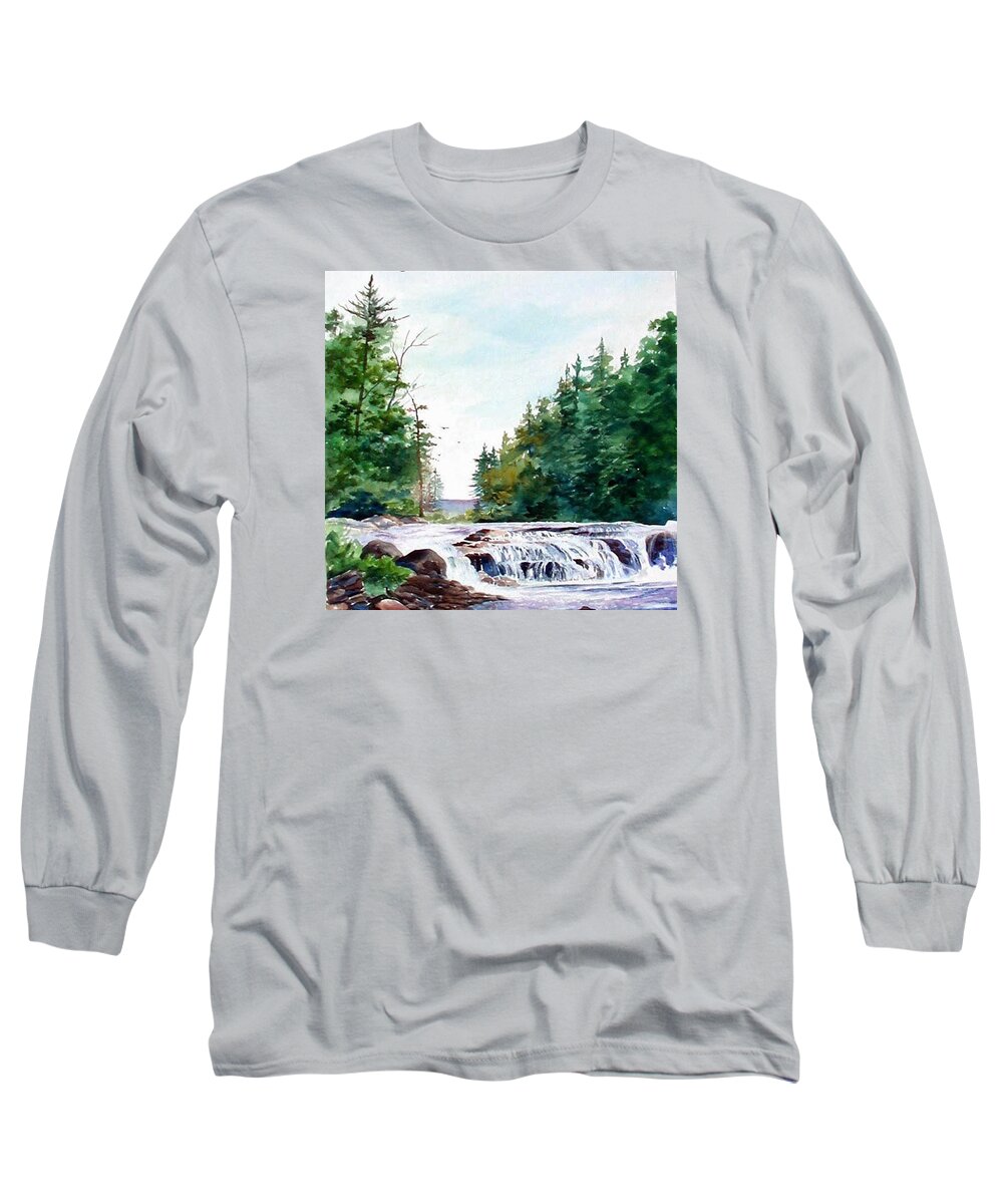 Watercolor Painting Long Sleeve T-Shirt featuring the painting Buttermilk Falls in NY by Lois Mountz