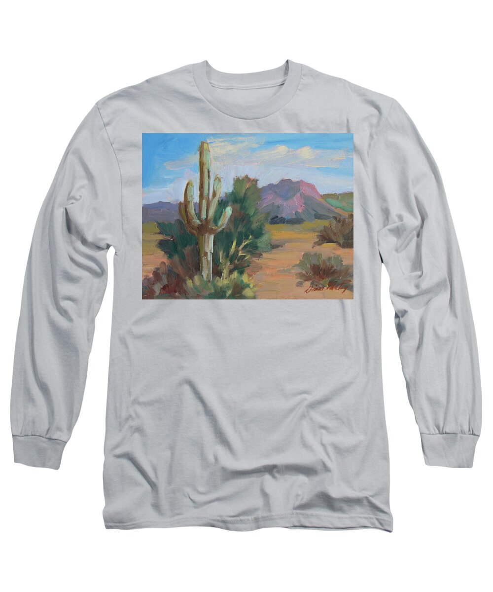 Plein Air Long Sleeve T-Shirt featuring the painting Cactus by the Red Mountains by Diane McClary