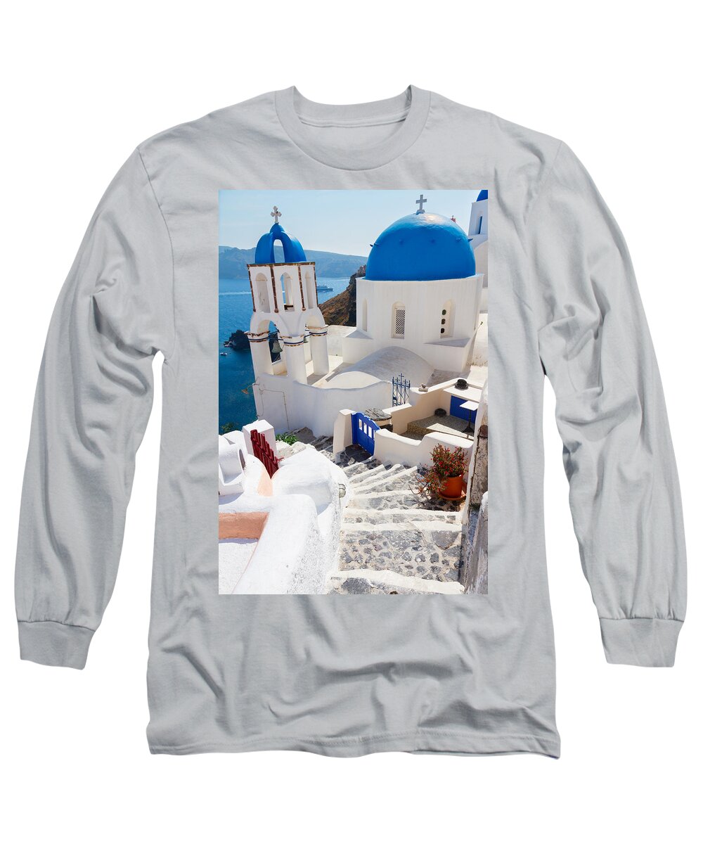 Santorini Long Sleeve T-Shirt featuring the photograph Caldera with Stairs and Church at Santorini by Anastasy Yarmolovich