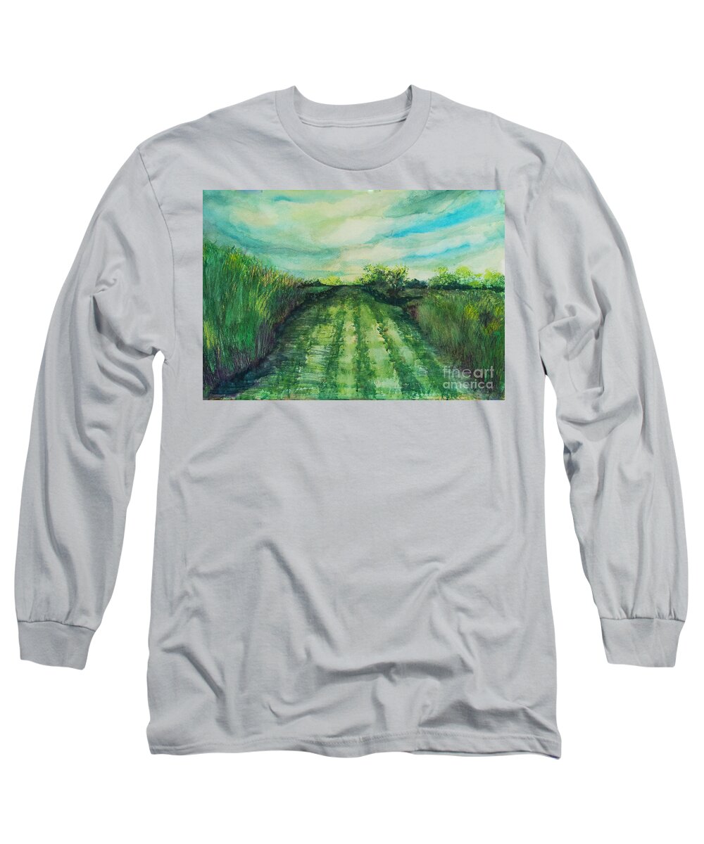 Landscape Long Sleeve T-Shirt featuring the painting Cane Road by Francelle Theriot