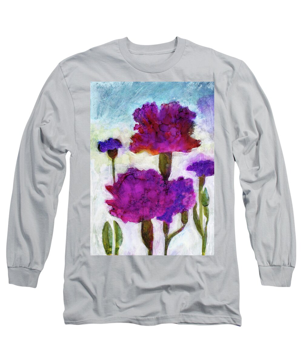 Pink Long Sleeve T-Shirt featuring the painting Carnations by Julie Maas