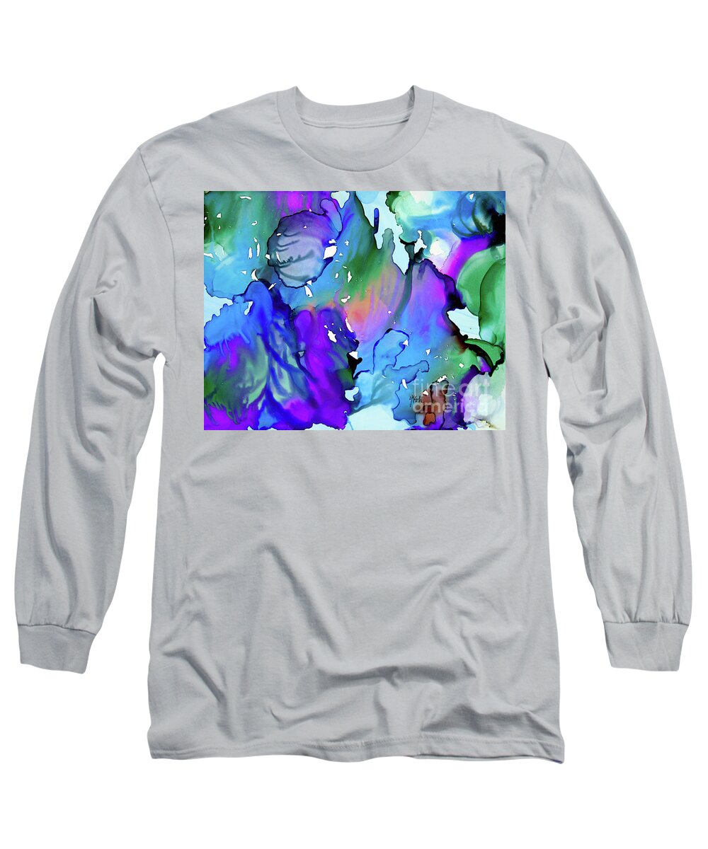 Alcohol Ink Art Long Sleeve T-Shirt featuring the painting Cascades by Yolanda Koh