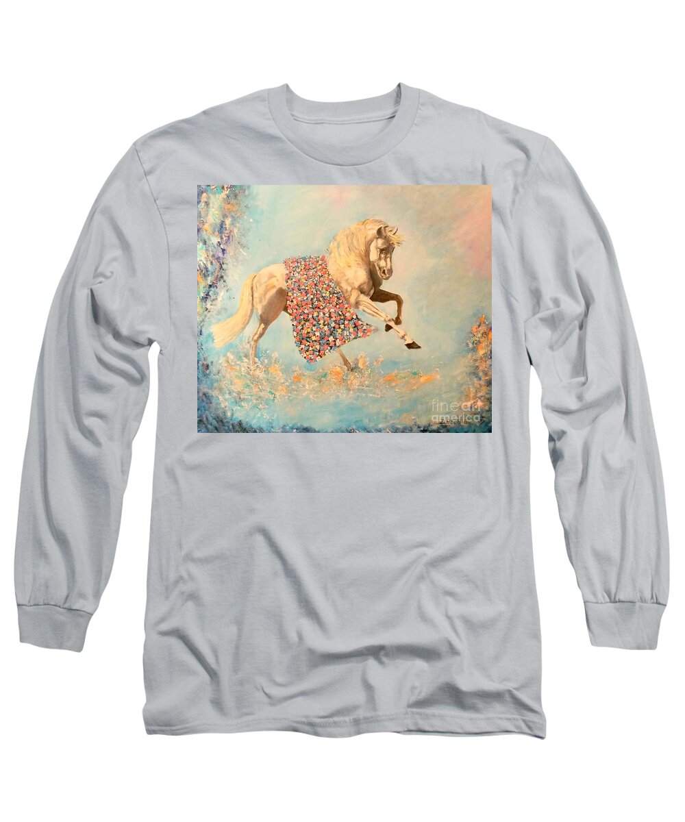Unicorn With Flowers Long Sleeve T-Shirt featuring the painting Cinderellas Unicorn by Dagmar Helbig