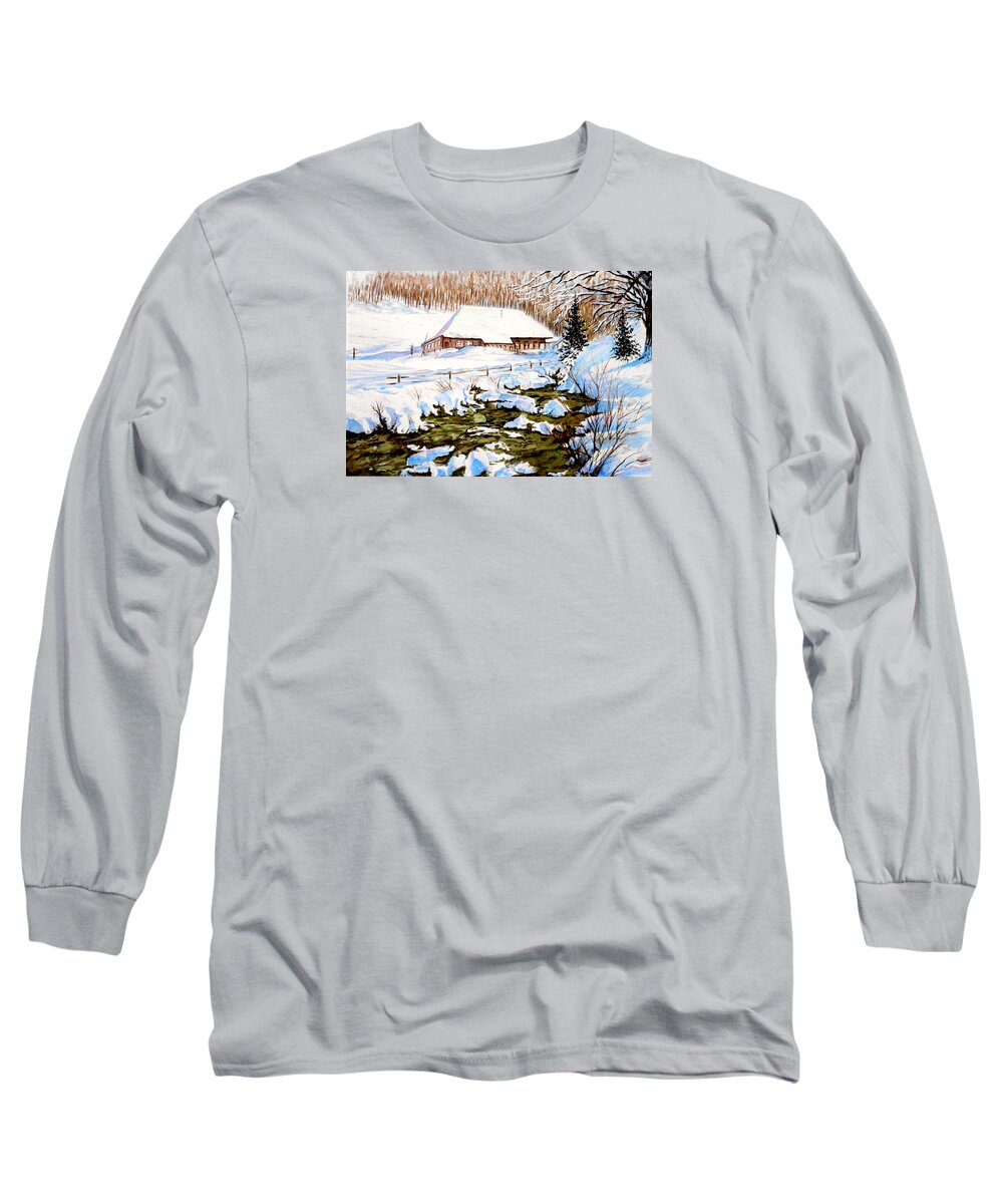 Golf Course In Alberta Long Sleeve T-Shirt featuring the painting Clubhouse in Winter by Sher Nasser Artist