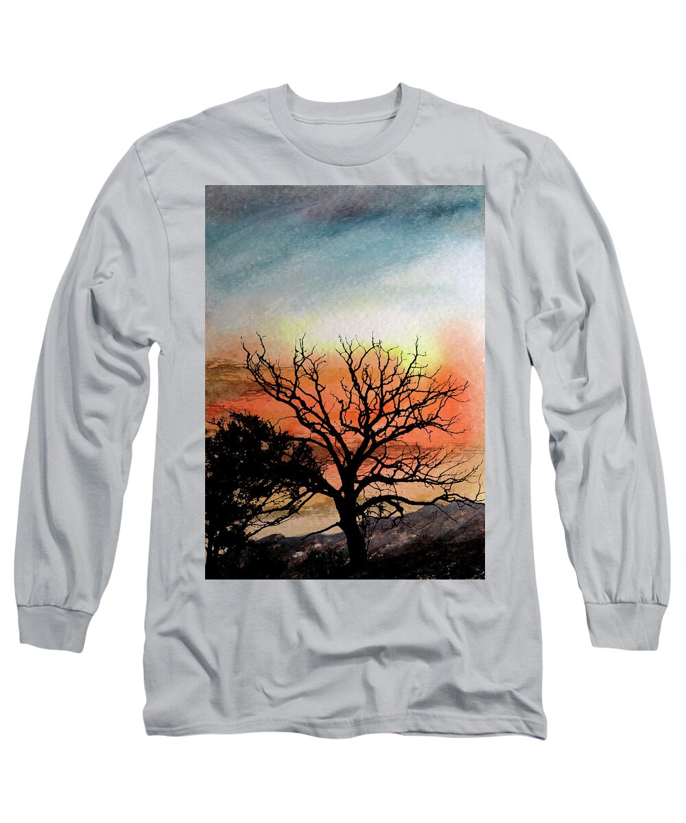 Nightfall Winter Snow Cold Season Northern Ice December January Solstice February Temperatures Coldest Frozen Froze Climate Seasonal Freezing Canada Storm Snowy Blue Yellow Orange Color White Trees Tree Temperature Sunset Sunrise Storms Freeze Cool Black Silhouette America West Sky Overwintering Outside Nocturne Nighttime Nightscape Midwinter Kyllo Art Mountain Bare Branches Haze Hazy Cirrus Clouds Long Sleeve T-Shirt featuring the mixed media Cold Nightfall by R Kyllo