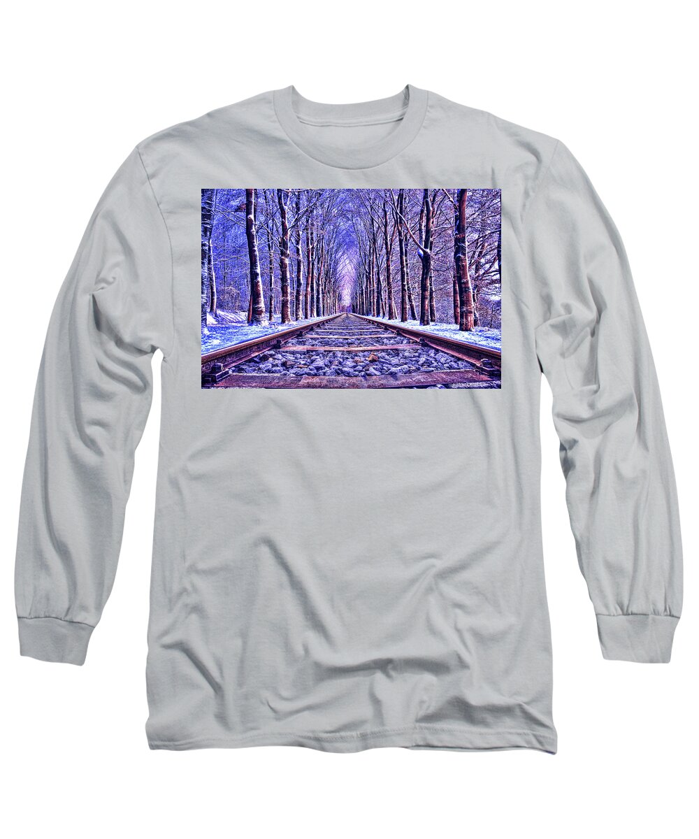 Cold Long Sleeve T-Shirt featuring the digital art Cold Steel Rails by David Luebbert