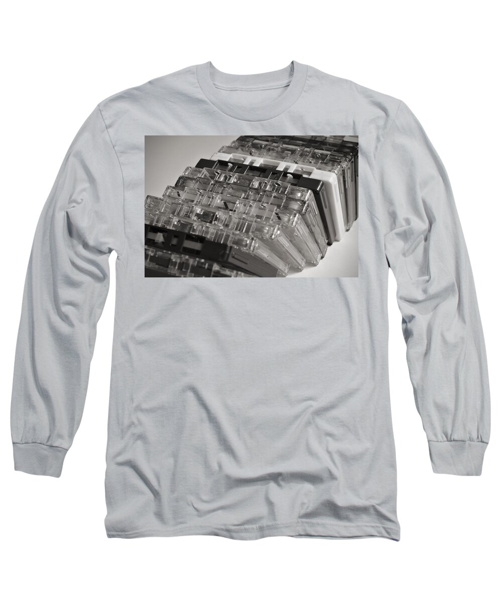 Audio Cassette Long Sleeve T-Shirt featuring the photograph Collection of Audio Cassettes with Domino Effect by Angelo DeVal