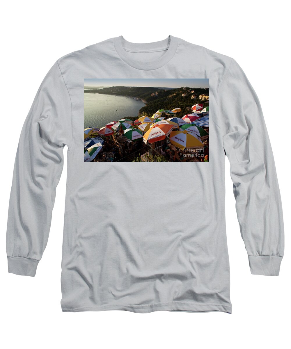 Adults Long Sleeve T-Shirt featuring the photograph Colorful Lake Travis Restaurant overlooks Hippie Hollow by Dan Herron