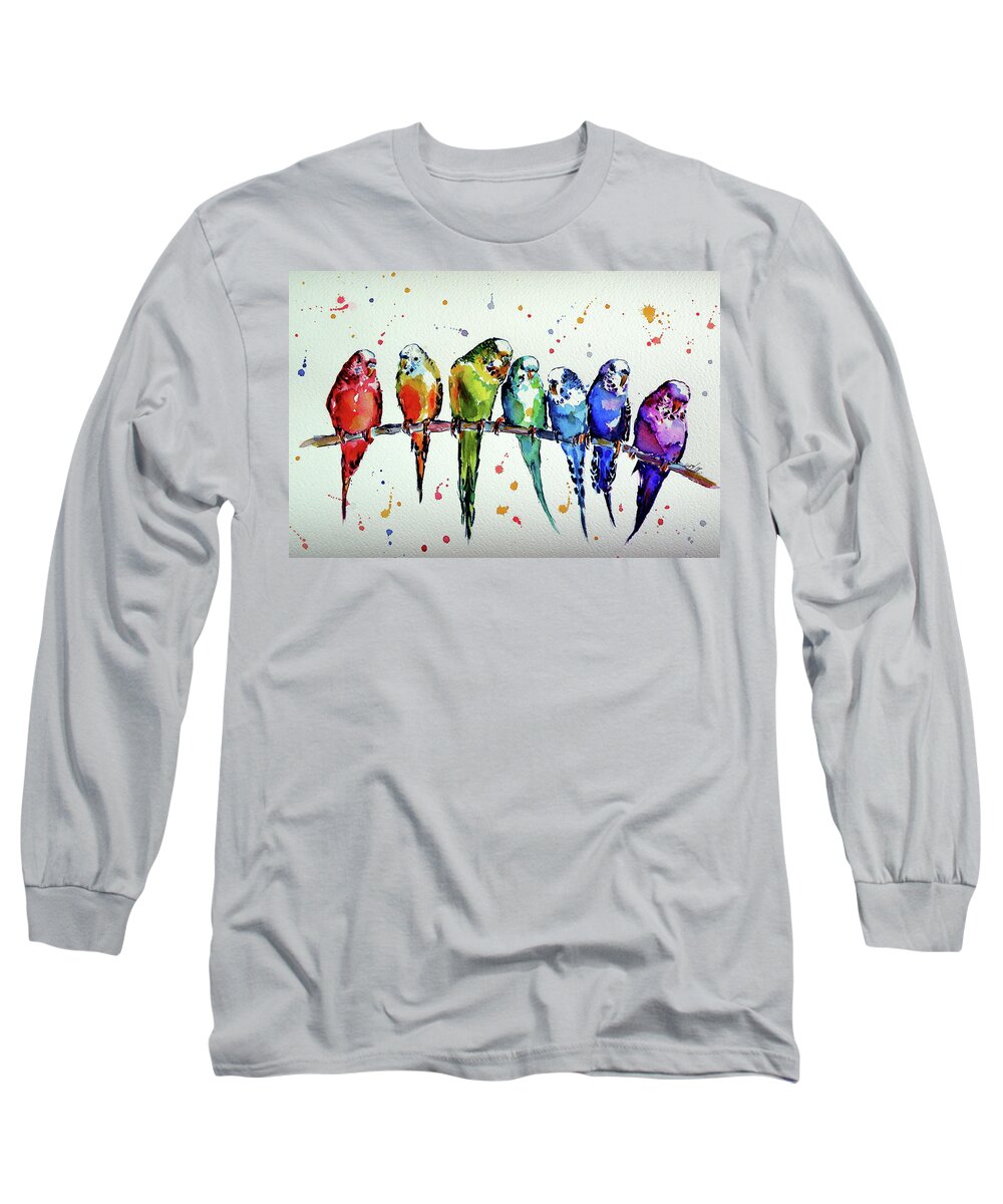 Animal Long Sleeve T-Shirt featuring the painting Colorful parrots by Kovacs Anna Brigitta