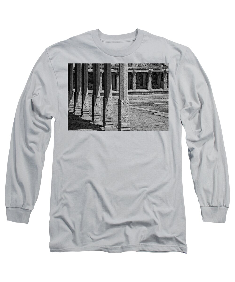 Composition Long Sleeve T-Shirt featuring the photograph Composition of pillars, Hampi, 2017 by Hitendra SINKAR