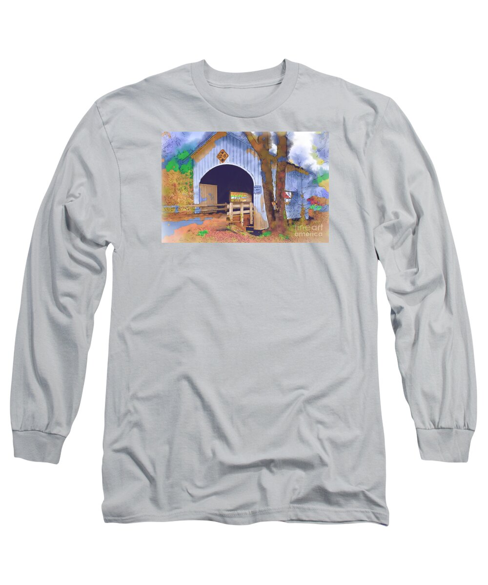 Covered Bridge Long Sleeve T-Shirt featuring the digital art Covered Bridge In Watercolor by Kirt Tisdale