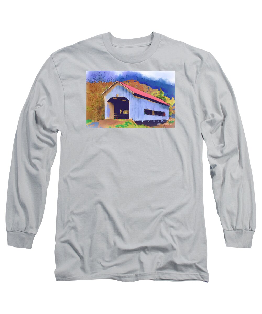 Covered Bridge Long Sleeve T-Shirt featuring the digital art Covered Bridge With Red Roof by Kirt Tisdale