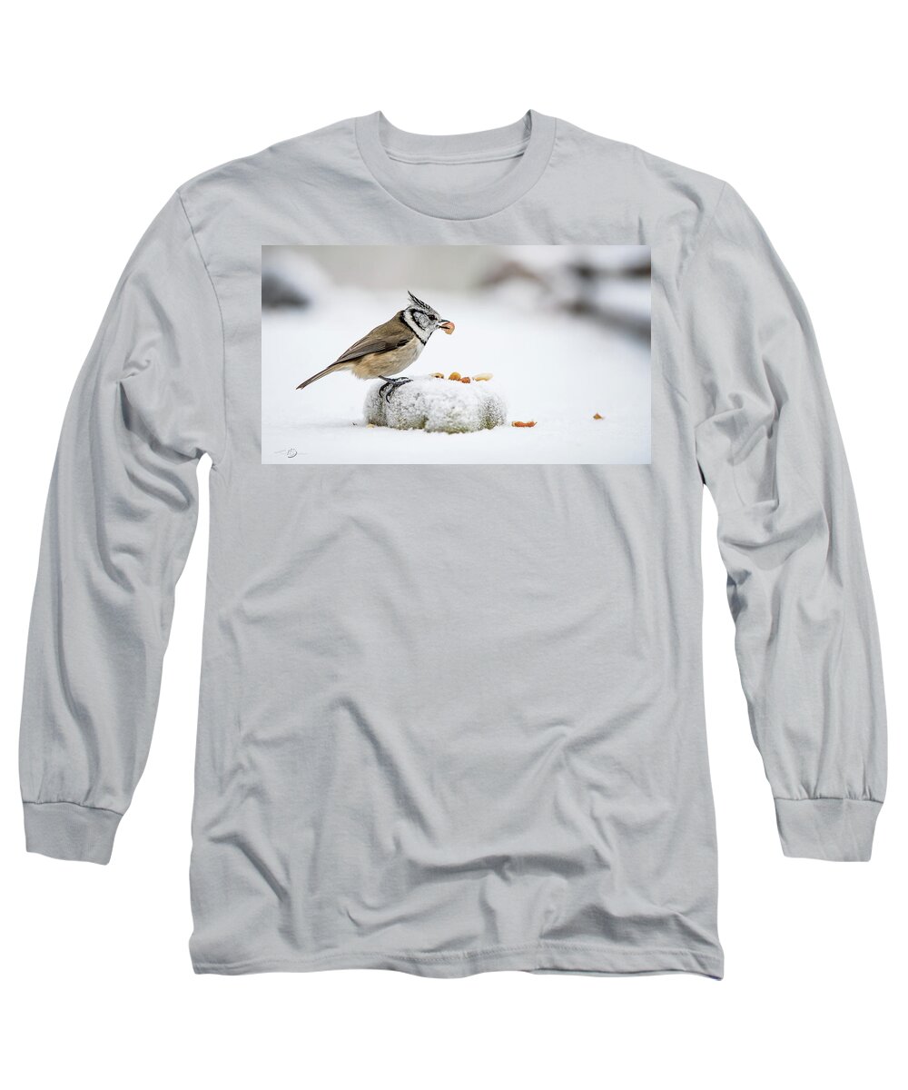 Crested Tit's Catch Long Sleeve T-Shirt featuring the photograph Crested Tit's catch a peanut by Torbjorn Swenelius