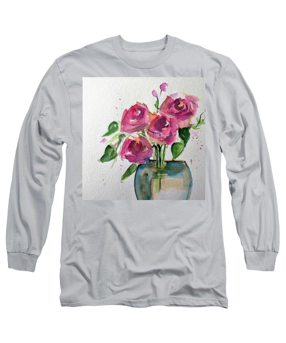 Flower Long Sleeve T-Shirt featuring the painting Dark Red Roses by Britta Zehm