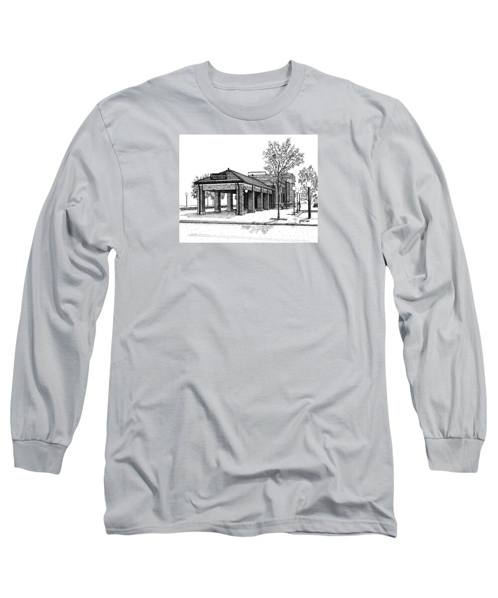Station Long Sleeve T-Shirt featuring the drawing Downers Grove Main Street Train Station by Mary Palmer