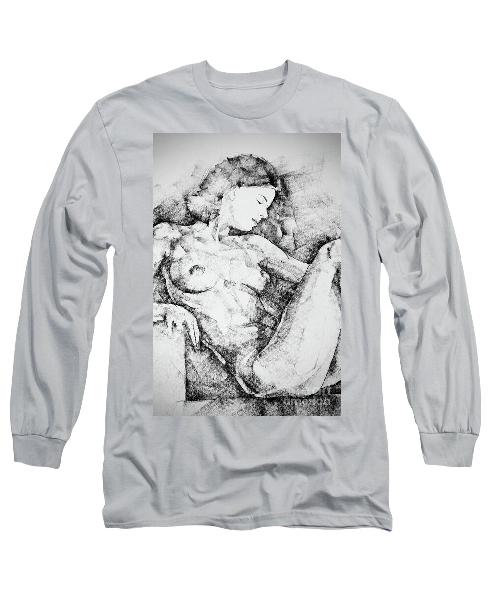 Drawing Long Sleeve T-Shirt featuring the drawing Drawing Beautiful Girl Figure by Dimitar Hristov