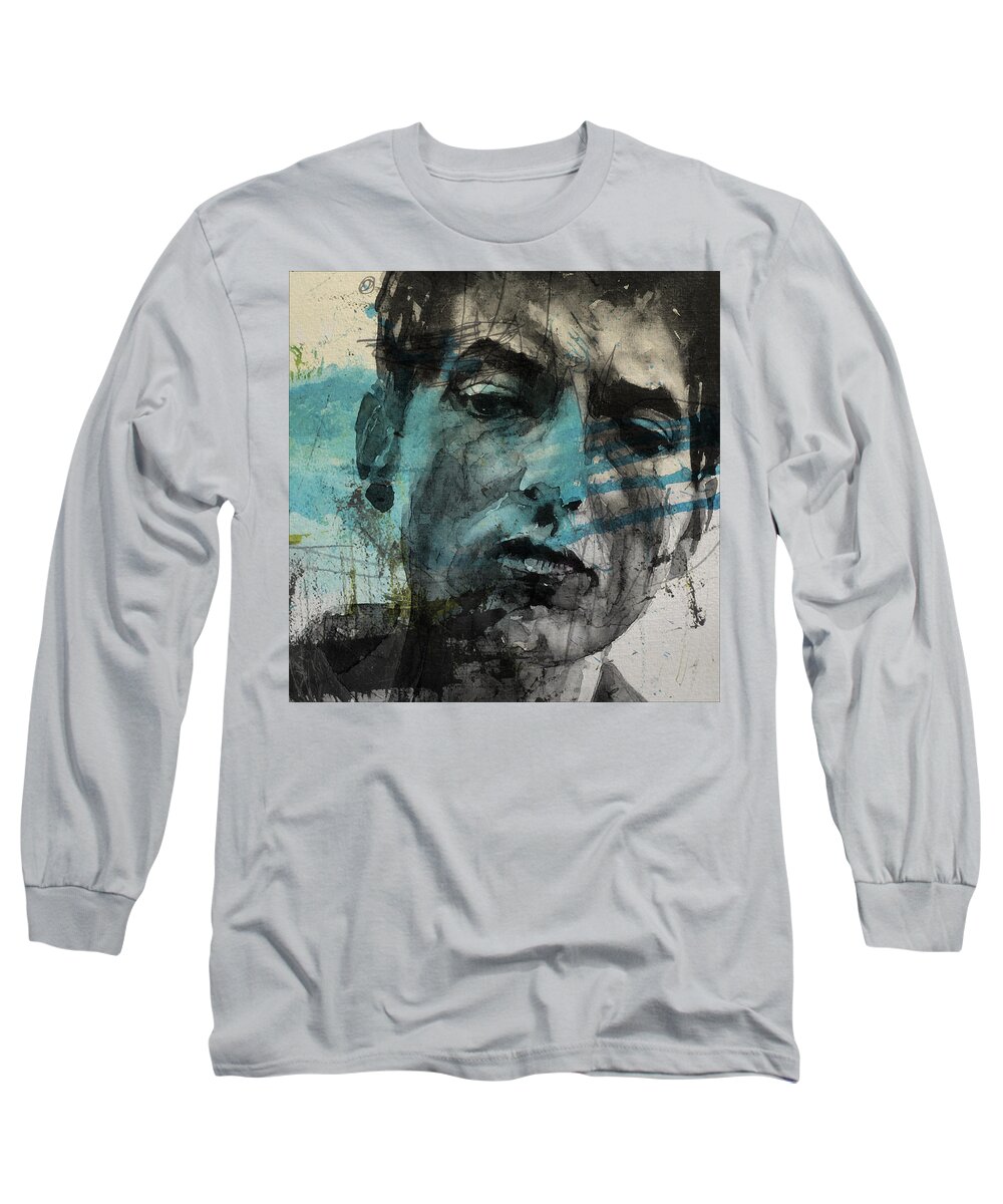 Bob Dylan Long Sleeve T-Shirt featuring the mixed media Dylan - Retro Maggies Farm No More by Paul Lovering