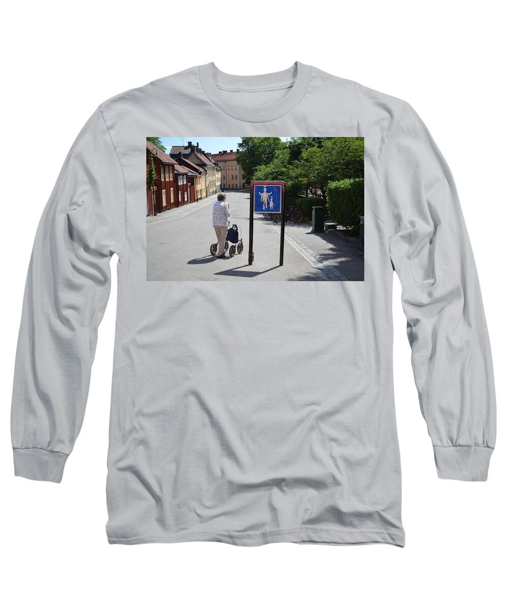Stockholm Long Sleeve T-Shirt featuring the photograph Elderly Woman in Stockholm by Erik Burg
