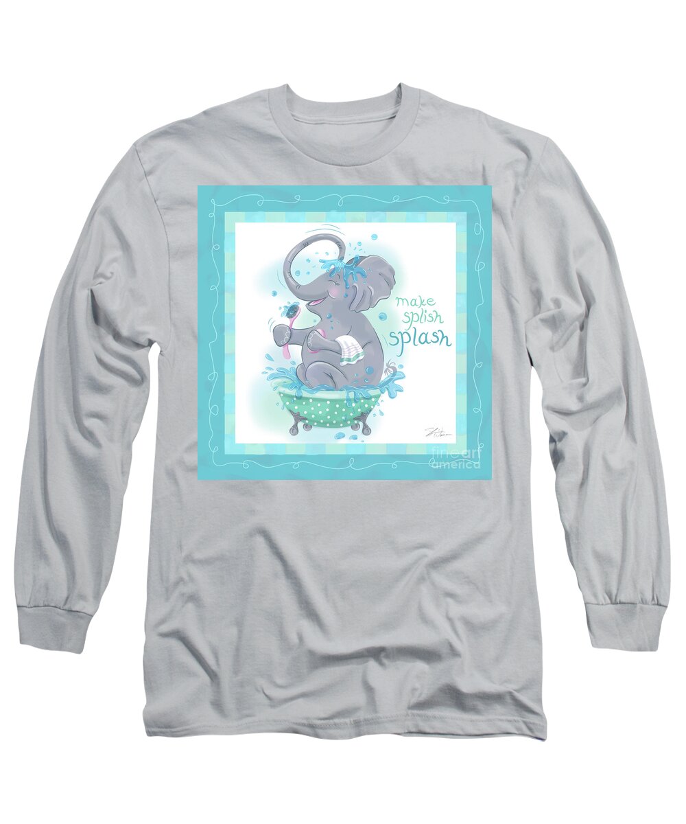 Whimsical And Fun Artwork Of Elephants Taking A Bath And Grooming. Great Art For Childrens Bathroom Wall Decor. Long Sleeve T-Shirt featuring the mixed media Elephant Bath Time Splish Splash by Shari Warren
