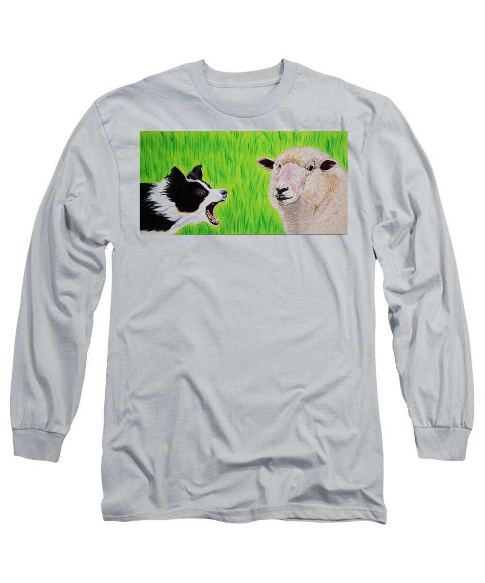 Border Collie Long Sleeve T-Shirt featuring the painting Ewe Talk'in to Me? by Sonja Jones