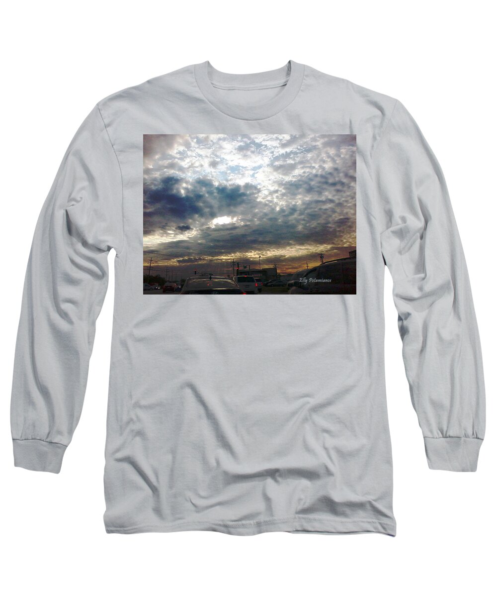 Skies Long Sleeve T-Shirt featuring the pyrography Fierce Skies by Elly Potamianos