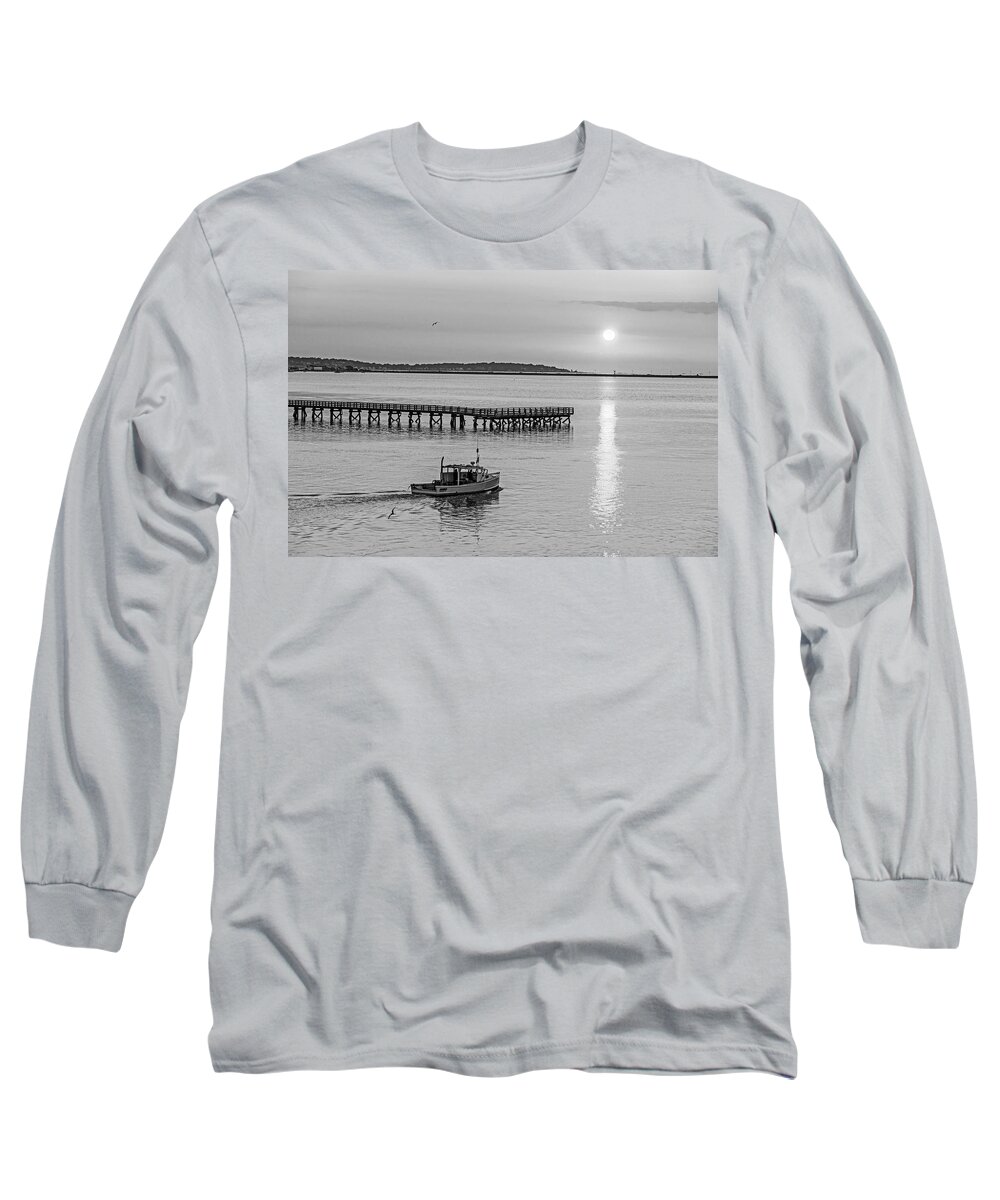 Lynn Long Sleeve T-Shirt featuring the photograph Fishing boat going by the Fishing Pier at Sunrise Lynn MA Black and White by Toby McGuire