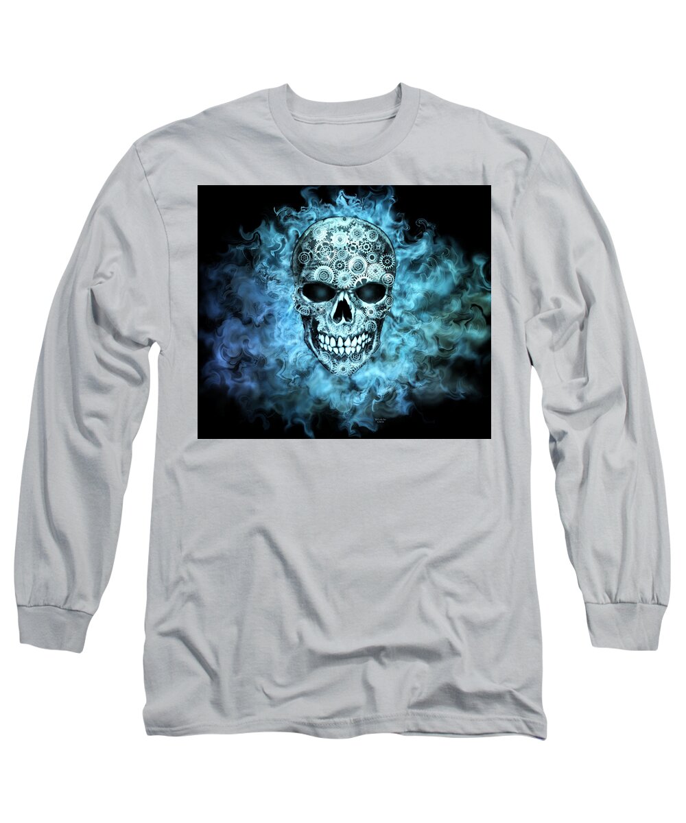 Digital Art Long Sleeve T-Shirt featuring the digital art Flaming Steampunk Skull by Artful Oasis