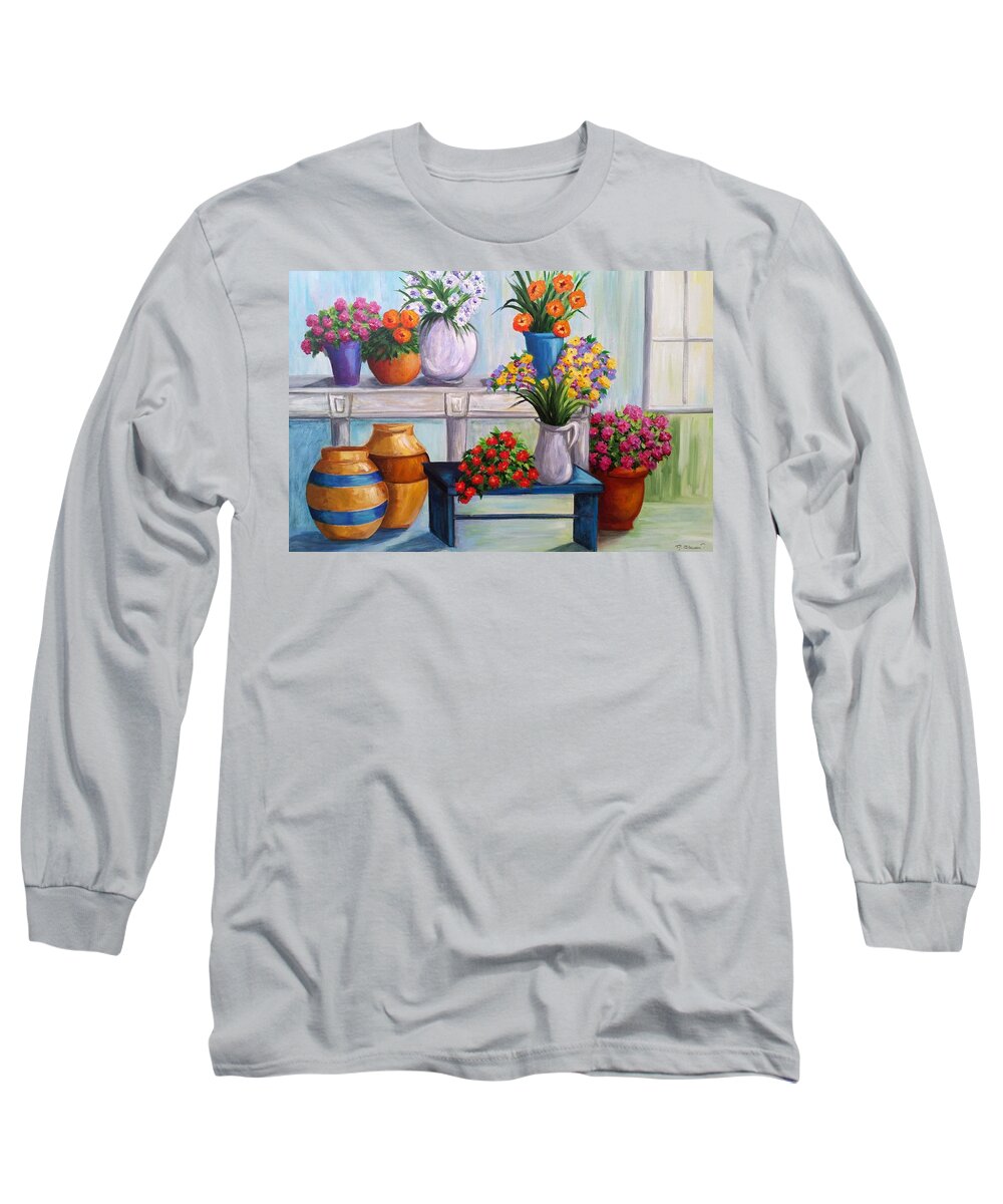 Floral Long Sleeve T-Shirt featuring the painting Flowerpots by Rosie Sherman