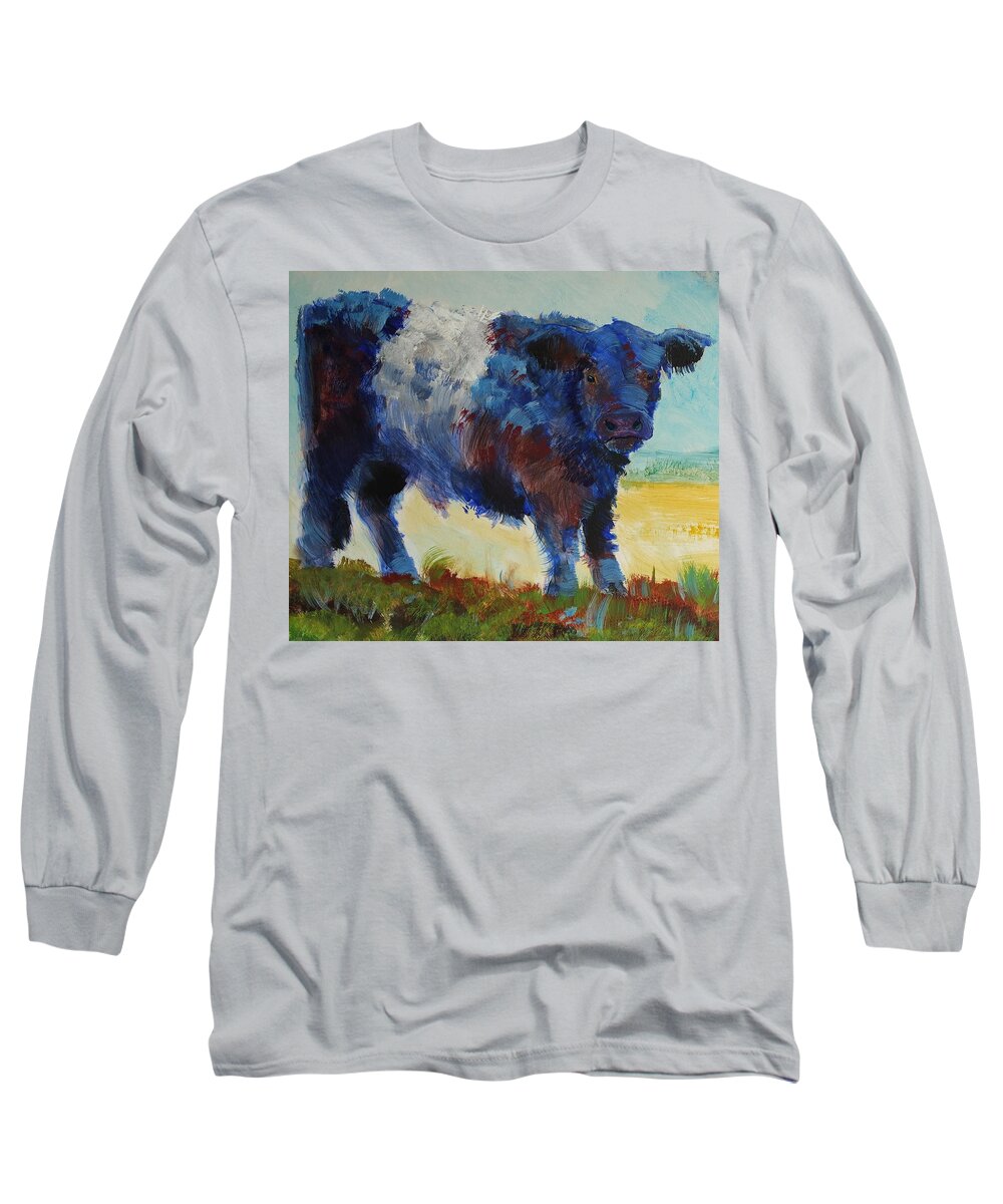 Belted Galloway Cow Long Sleeve T-Shirt featuring the painting Fluffy Shaggy Belted Galloway Cow - Cow with a white stripe by Mike Jory