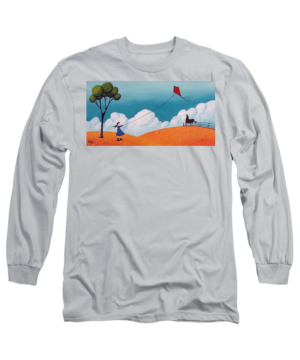 Art Long Sleeve T-Shirt featuring the painting Flying With Becky - whimsical landscape by Debbie Criswell