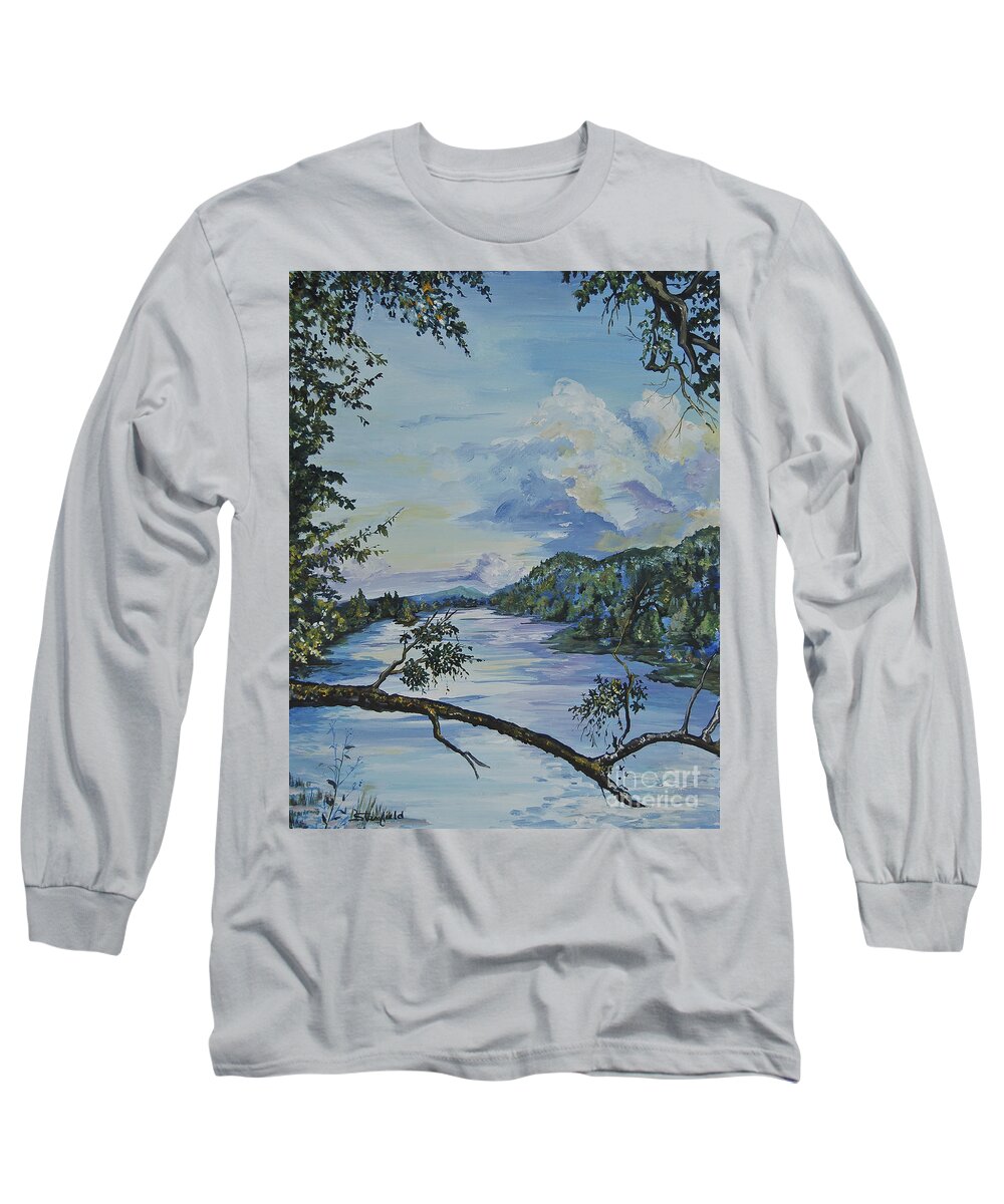 Landscape Long Sleeve T-Shirt featuring the painting French Broad Asheville NC by Johnnie Stanfield