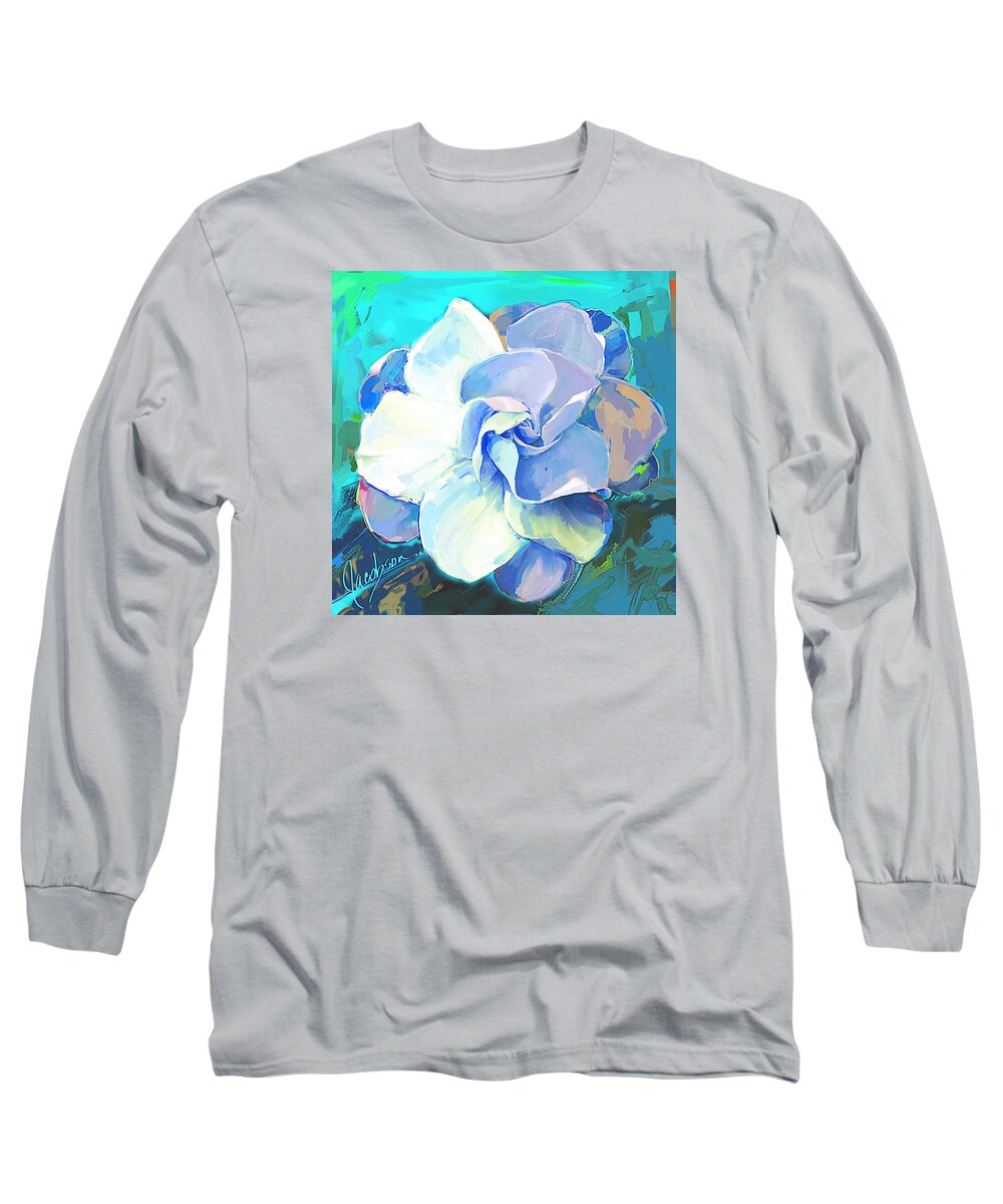 Gardenia Long Sleeve T-Shirt featuring the painting Gardenia 3 Teal by Jackie Medow-Jacobson